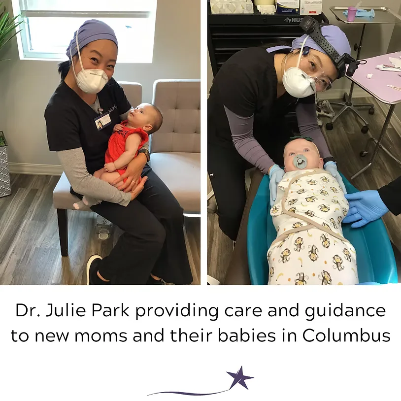 Two photos of Dr. Julie Park caring for infant patients in Columbus