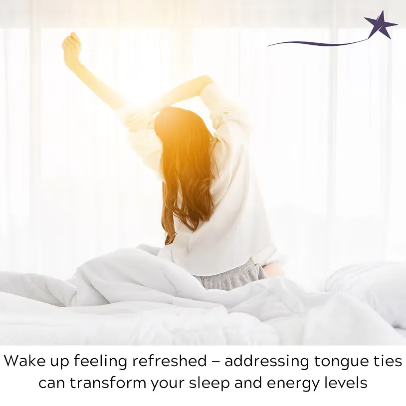 Person waking up feeling refreshed after a restful night's sleep — addressing tongue ties can transform sleep and energy levels